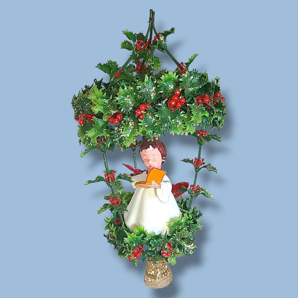 Vintage 1960s Hanging Christmas Decoration 12" Angel in Holly Wreath Retro‎
